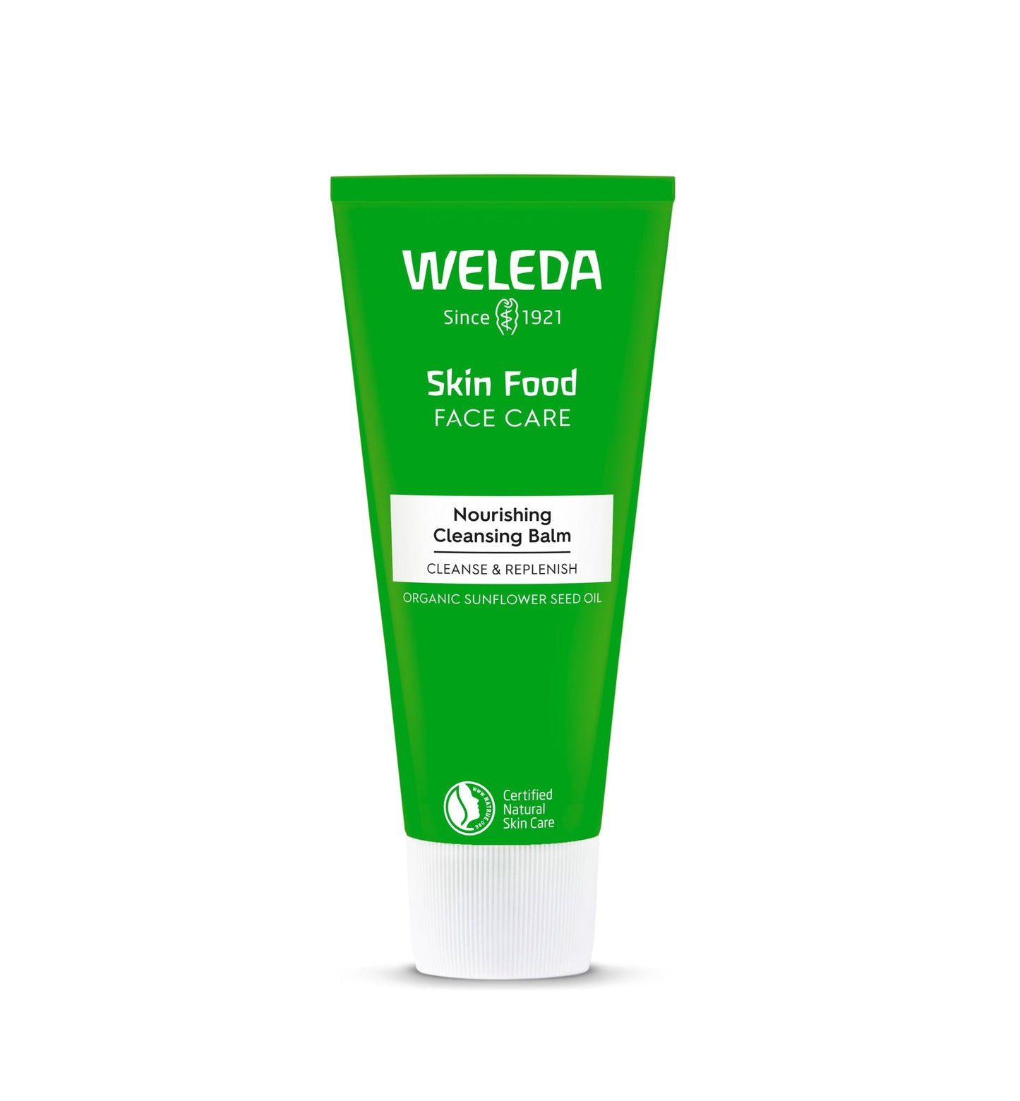 Green tube of Weleda Skin Food Face Care Nourishing Cleansing Balm features a white cap and product details in white and yellow text on the front. Tube has a matte finish, cylindrical shape with crimped end, all-plastic construction. Sans-serif typeface is centered. Background is plain white. No people or hands visible; close-up studio shot.