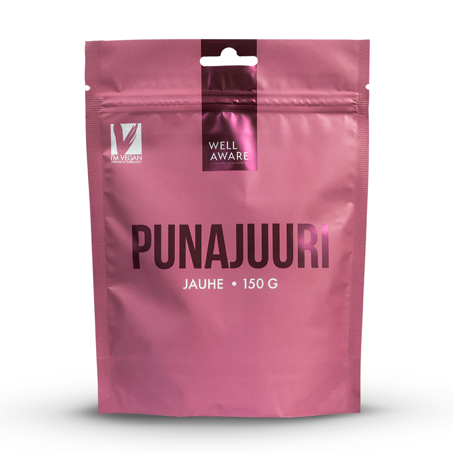 Vaaleanpunainen uudelleensuljettava pussi, jossa lukee Well Aware ja PUNAJUURI JAUHE 150 G sekä vegaanisymboli vasemmassa yläkulmassa, seisoo pystyssä valkoisella taustalla; pussi mattapintainen ja suorakaiteen muotoinen; päätekstissä yksinkertaista groteskikirjasinta; lisägrafiikat korostavat kasviperäisiä raaka-aineita; ei ihmisiä tai käsiä näkyvissä kuvassa.