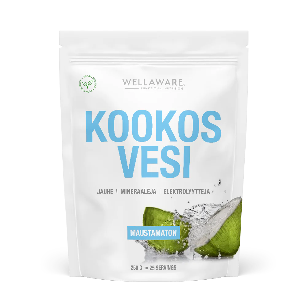 WellAware Kookosvesijauhe Maustamaton, valkoinen pussipakkaus; etusivulla roiskuvia kookospähkinöitä ja sinistä tekstiä, pinta mattaa; lihavoitu groteskiteksti kertoo mineraaleista, elektrolyyteistä ja 25 annoksesta; kuva ei näytä ihmisiä eikä käsiä, tausta yksivärinen, tuote suoraan edestä kuvattuna.