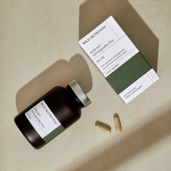 Wild Nutrition Ashwagandha Plus KSM-66 -ravintolisä; ruskea lieriömäinen pullo korkki irrallaan kahden beigen kapselin vieressä, lisäksi vihreä-valkoinen suorakaiteen muotoinen pahvirasia mattapinnalla, tekstissä KSM-66 Ashwagandha Plus selkeällä groteskifontilla; kaikki esineet sileällä beigellä alustalla, ei ihmisiä.