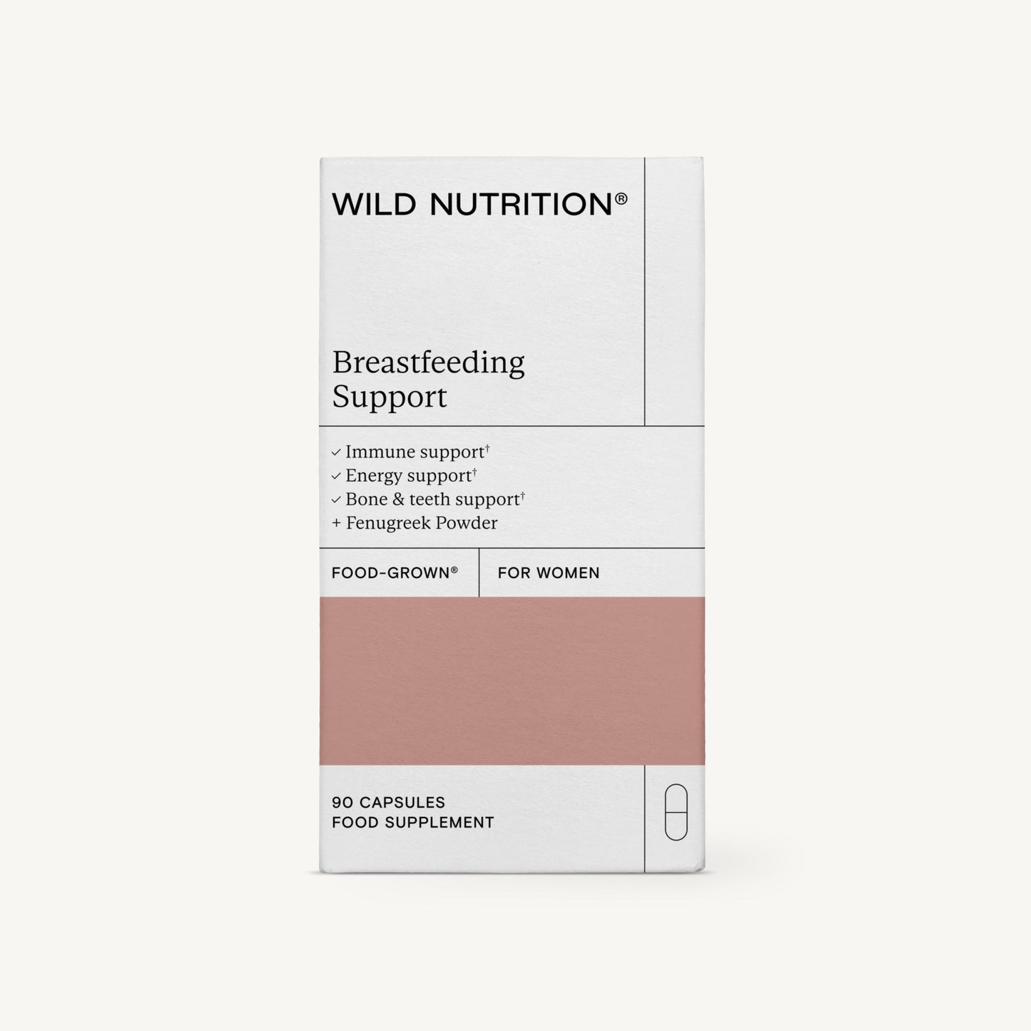 Wild Nutrition Breastfeeding Support -ravintolisä naisille, 90 kapselia; lieriömäinen pullo, jossa mattapintainen valkoinen etiketti ja vaaleanpunaiset korostukset korkissa ja tekstissä; etiketissä tuotenimi, hyötyväittämät (immuunipuolustus, energia, luusto ja hampaat) sekä lisätty sarviapilajauhe; lihavoitua ja tavallista groteskityyppiä; kuvattu tasoituotoksena vaalealla, pehmeästi valaistulla taustalla.