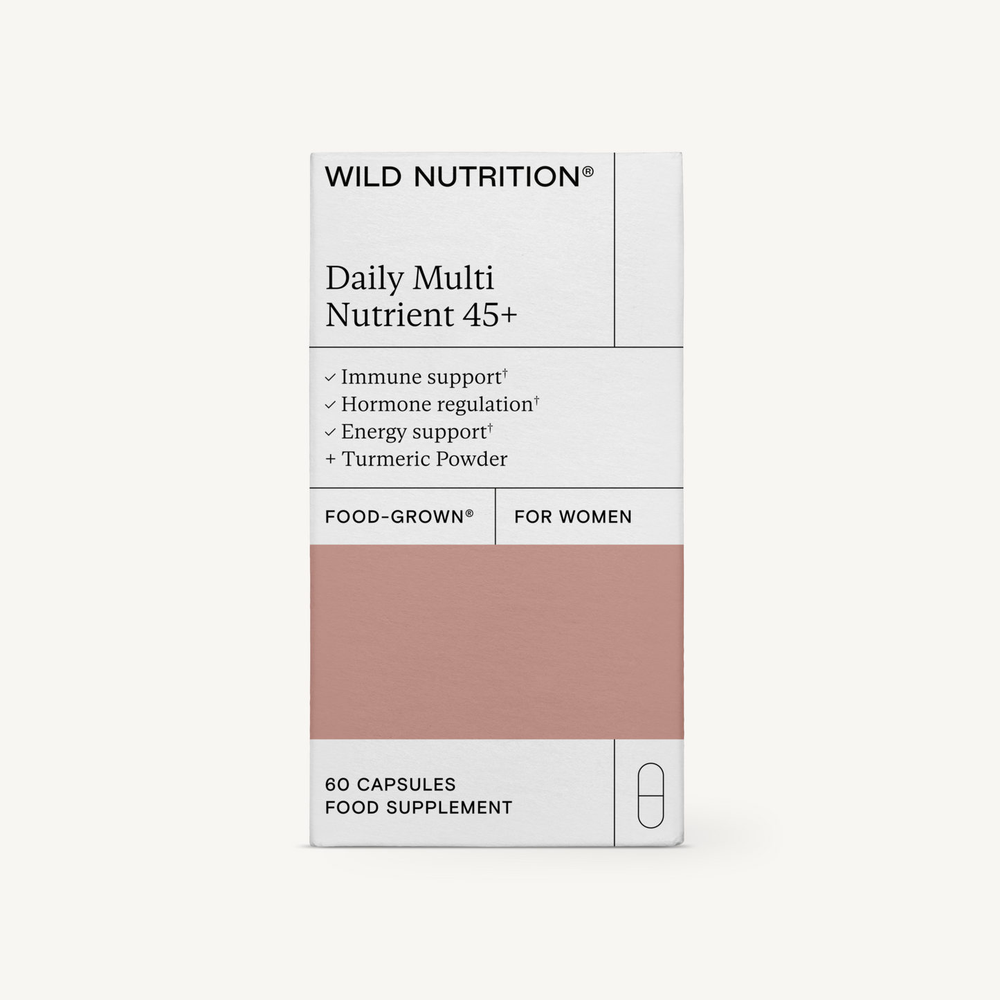 Wild Nutrition Daily Multi Nutrient 45+ for women -pakkaus, sisältää 60 kapselia; suorakulmainen laatikko mattavalkoisella pinnalla, mustaa ja kuparinväristä tekstiä selkeällä tekstausvapaalla fontilla; etiketissä mainitaan immuniteetin, hormonien ja energian tuki, kurkumajauhe ainesosana; ei ihmisiä tai käsiä näkyvissä; tausta yksinkertainen, tavanomainen tuotekuva.