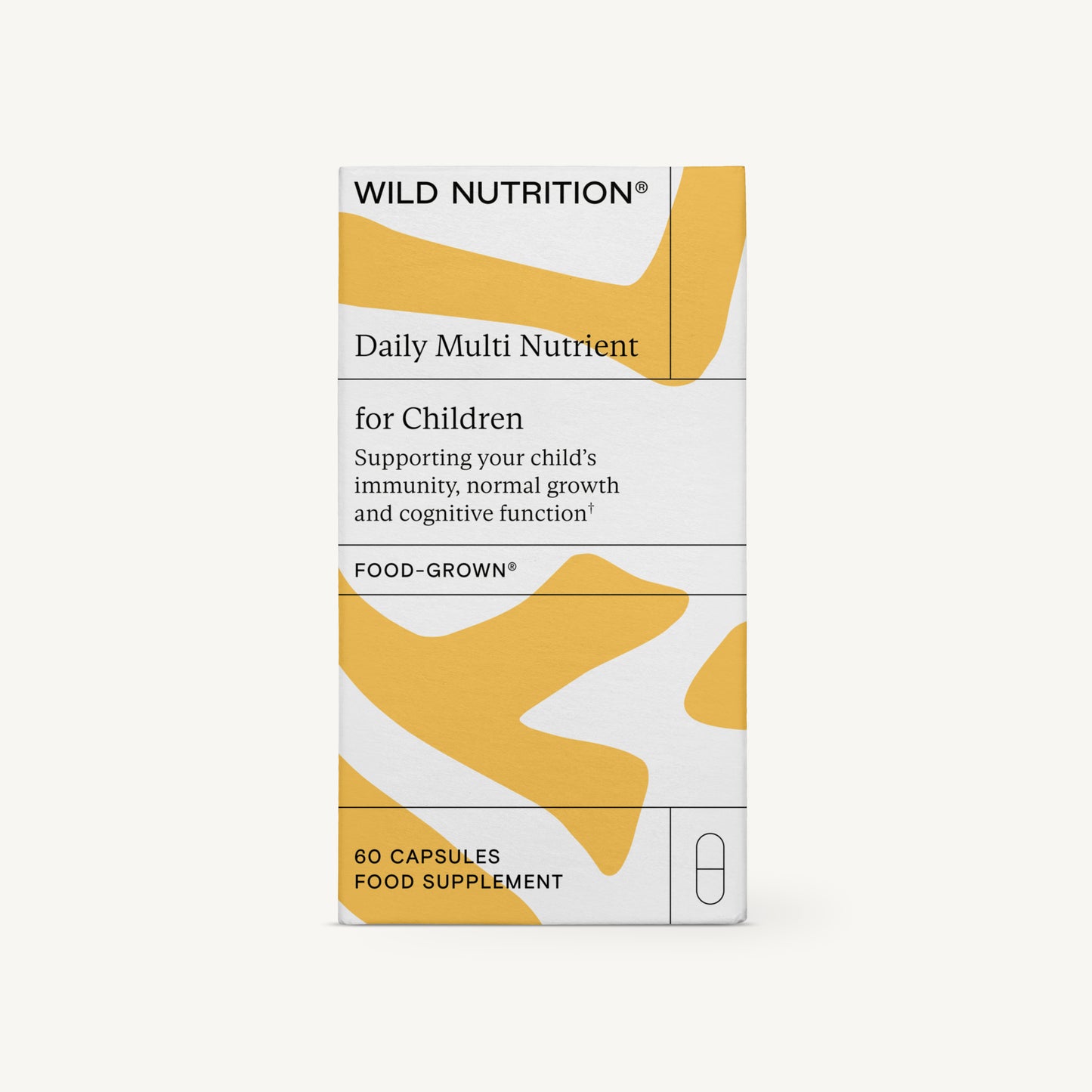 Wild Nutrition Daily Multi Nutrient for Children -pakkaus, suorakulmainen pahvilaatikko mattavalkoisella pinnalla; etusivulla keltaisia abstrakteja geometrisia muotoja sekä lihavoitua ja tavallista tekstausvapaata typografiaa; luettavassa tekstissä tuotenimi, keskeiset hyödyt (immuniteetti, kasvu, kognitiivinen toiminta) ja "60 vegetarian capsules"; ei ihmisiä tai käsiä näkyvissä; tausta yksinkertainen; kuva otettu edestä silmän tasolta.