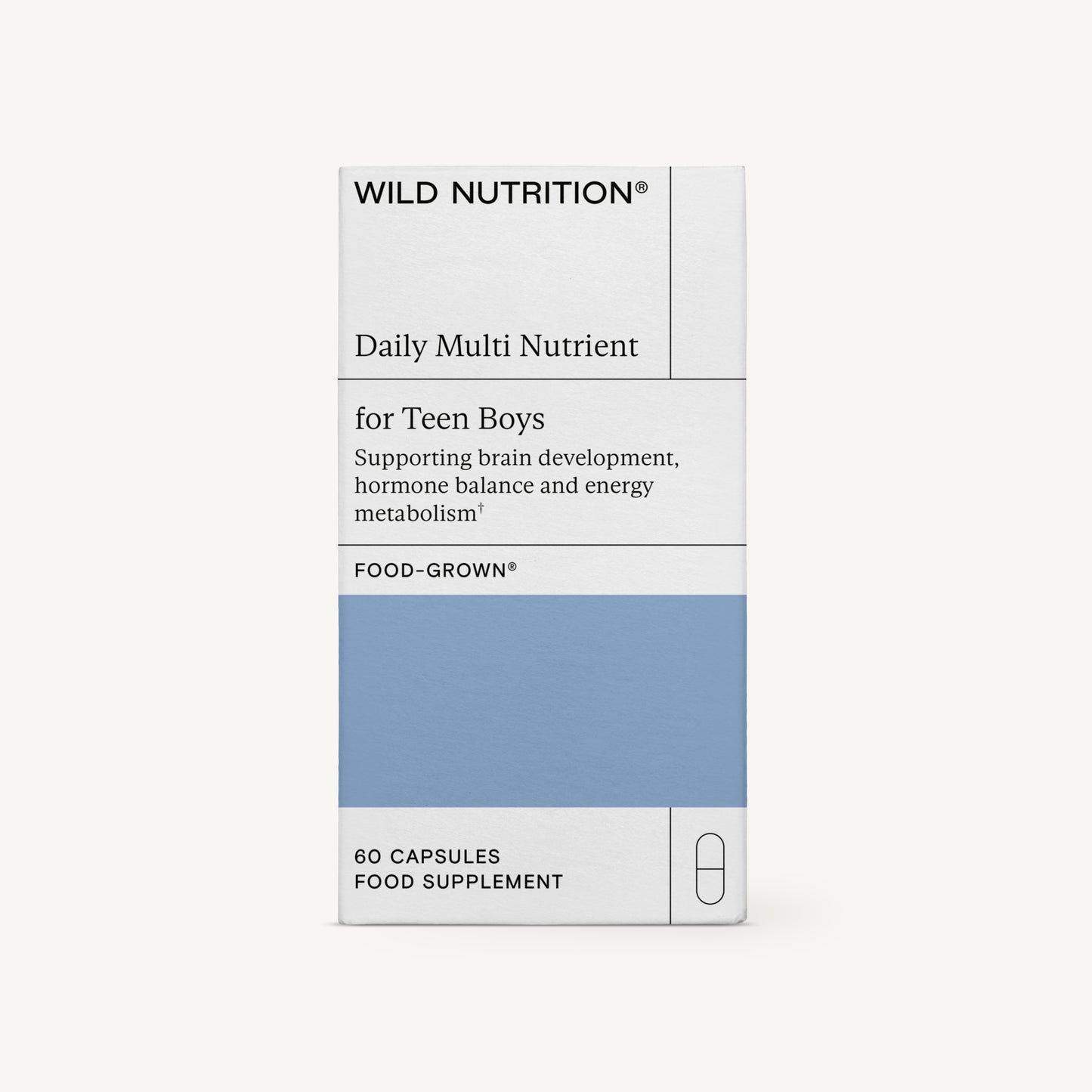 Wild Nutrition Daily Multi Nutrient for Teen Boys -pakkaus; suorakulmainen laatikko mattavalkoisella pohjalla sinisin korostuksin; teksti yksinkertaista modernia tekstausvapaata fonttia; etiketissä lukee "60 capsules" sekä vähäisiä graafisia elementtejä; tausta valkoinen; ei ihmisiä tai muita esineitä näkyvissä; tukee aivojen kehitystä, hormonitasapainoa ja energia-aineenvaihduntaa.