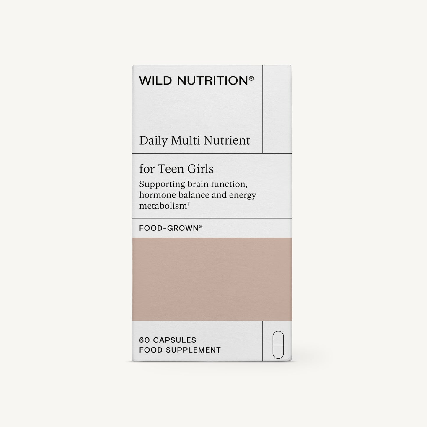 Wild Nutrition Daily Multi Nutrient for Teen Girls -pakkaus, sisältää 60 kapselia; suorakulmainen mattapintainen pahvipakkaus, valkoinen tummanharmain ja violetein tekstein; päätypografia tekstausvapaata, näyttäen tuotenimen ja käyttötarkoituksen; ei ihmisiä tai käsiä näkyvissä; tausta valkoinen ja tasaisesti valaistu; tukee aivotoimintaa, hormonitasapainoa ja energia-aineenvaihduntaa teini-ikäisille tytöille.