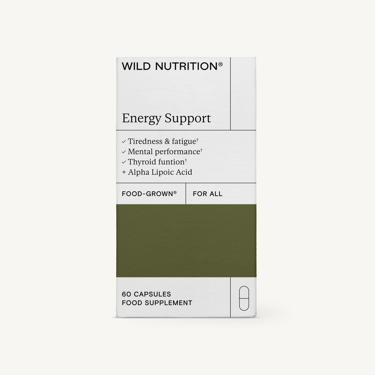 Wild Nutrition Energy Support, valkoinen pakkaus ravintolisälle, joka on suunniteltu väsymyksen ja uupumuksen vähentämiseen, henkiseen suorituskykyyn, kilpirauhasen toiminnan tukeen sekä sisältää alfalipoiinihappoa; pakkauksessa 60 kapselia; suorakaiteen muotoinen pakkaus mattapinnalla, teksti keskitettynä groteskifontilla tummalla painatuksella; ei ihmisiä eikä käsiä näkyvissä, tausta yksinkertainen ja neutraali.