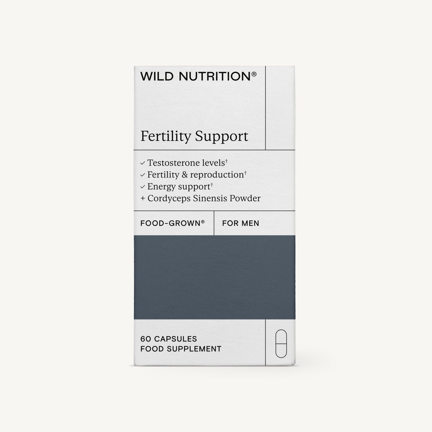 Wild Nutrition Fertility Support for Men -pakkaus, hyödyt kuten testosteroni ja energian tuki lisätyllä Cordyceps Sinensis -jauheella; sisältää 60 kapselia; pakkaus suorakulmainen, valkoinen harmain ja sinisin korostuksin, mattapinnalla, lihavoitua tekstausvapaata typografiaa etupuolella; tuotenimi ja päähyödyt selkeästi painettu; tausta vaalea; ei ihmisiä tai käsiä näkyvissä; suora edestäpäin otettu tuotekuva.