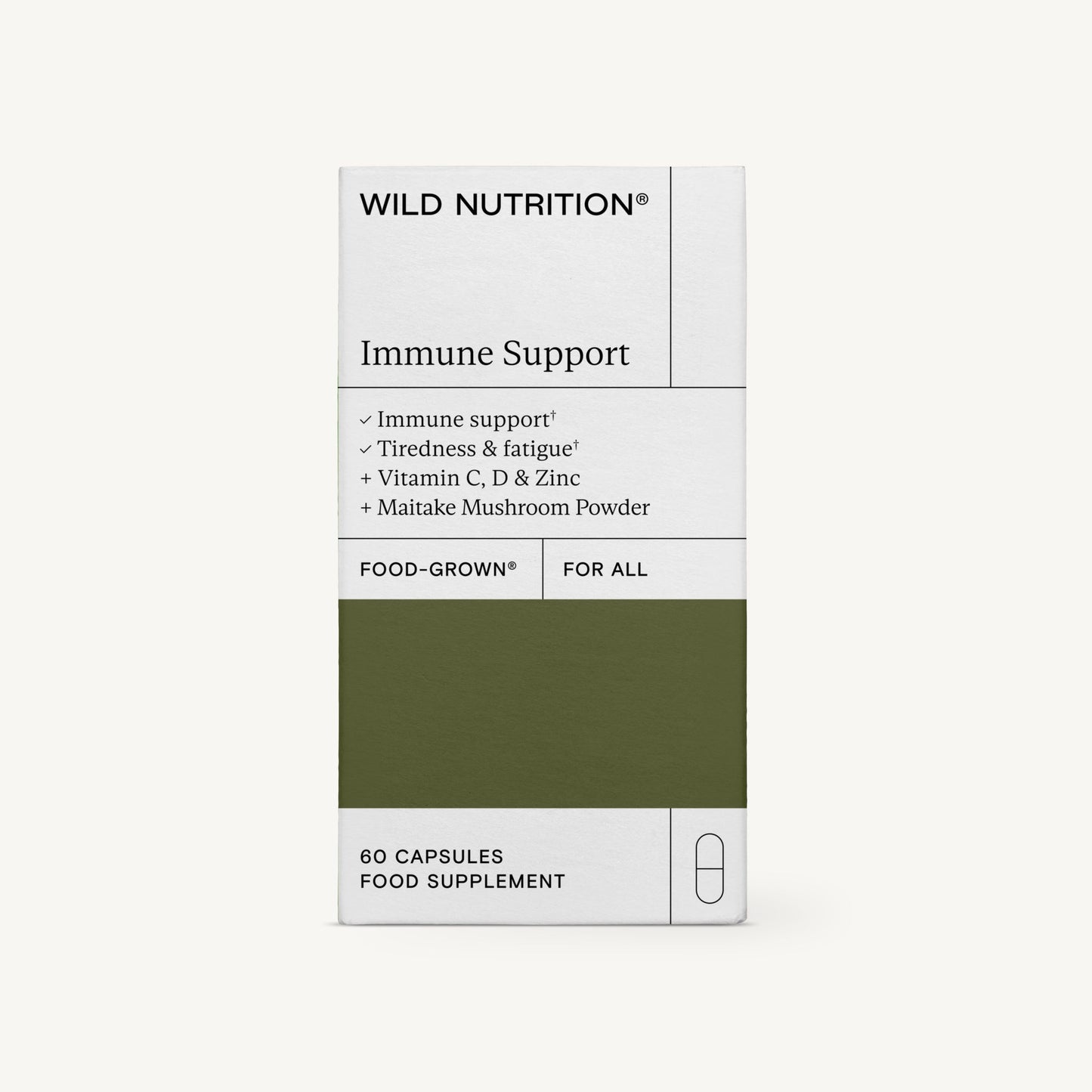 Wild Nutrition Immune Support -pakkaus, valkoinen ja vihreä, sisältää 60 kapselia; hyödyt kuten immuniteetin tuki, väsymyksen vähentäminen sekä keskeiset ainesosat D-vitamiini, sinkki ja maitakesienijauhe luonnollisen immuniteetin ylläpitämiseksi; suorakulmainen laatikko mattapinnalla, tekstausvapaata typografiaa etupuolella; tausta valkoinen; ei ihmisiä tai muita esineitä näkyvissä.