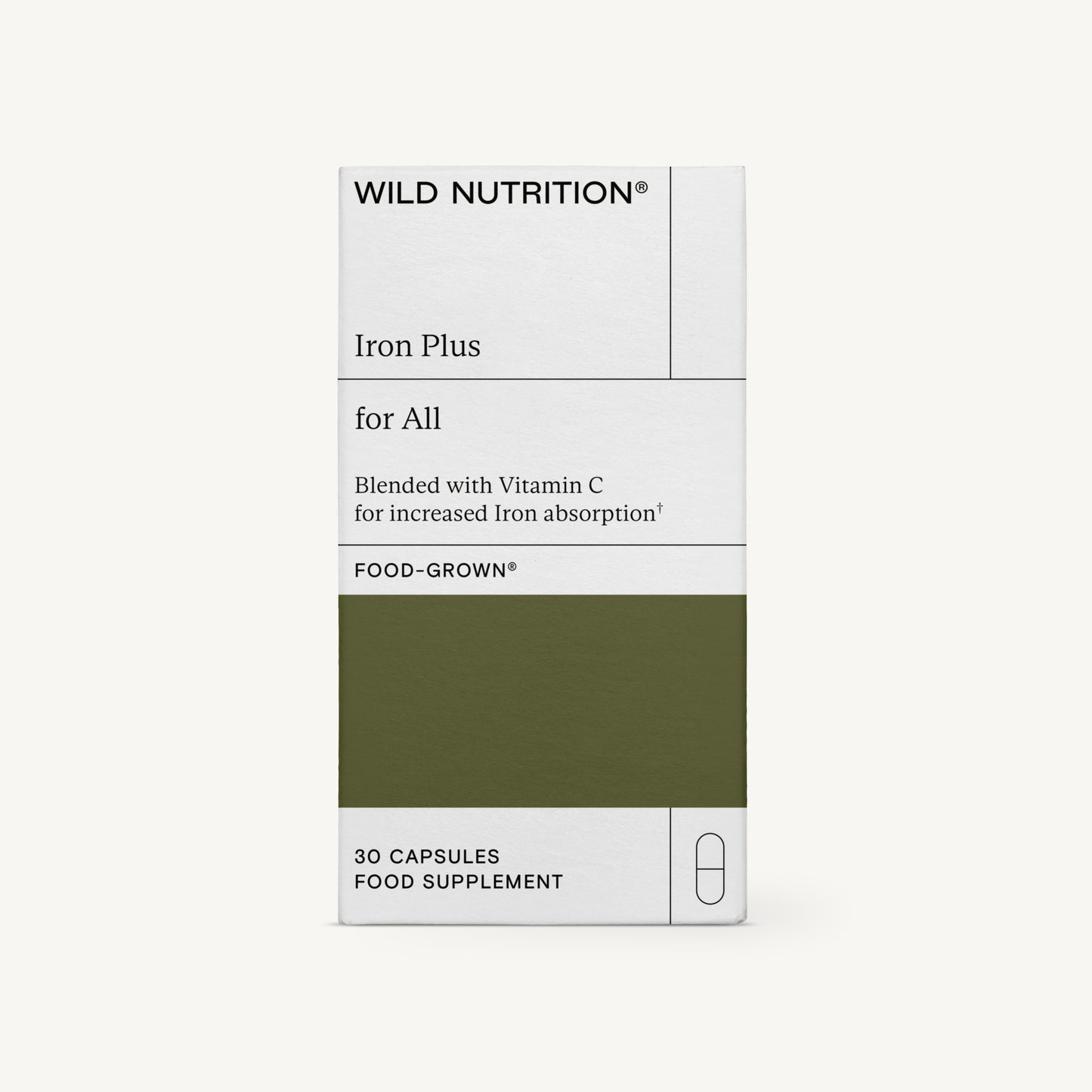 Wild Nutrition Iron Plus -kapselipakkaus, valkoinen laatikko mustin tekstein ja vihreällä osiolla; pinta mattapintainen, terävät kulmat ja suorakulmainen muoto; tekstausvapaata typografiaa hallitsevana; etiketissä maininta C-vitamiinista, raudan imeytymisestä, päivittäisestä hyvinvoinnista, 30 kapselista ja ravintolisästä; tuote kuvattu yksinkertaista taustaa vasten, ei ihmisiä tai käsiä näkyvissä.