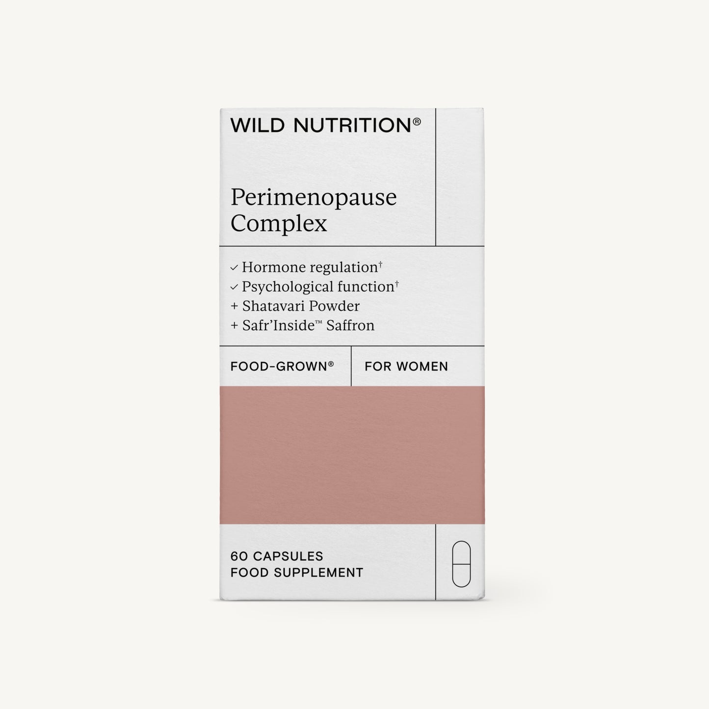 Wild Nutrition Perimenopause Complex, ravintolisä naisille, 60 kapselia, ominaisuuksina hormonitasapainon tuki ja sahramiuute; suorakaiteen muotoinen pakkaus, valkoinen vaaleanpunaisella osiolla, mustaa groteskitekstiä; pinnan vaikutelma mattaa; kuvassa vain pahvipakkaus, ei ihmisiä eikä käsiä; tausta valkoinen.