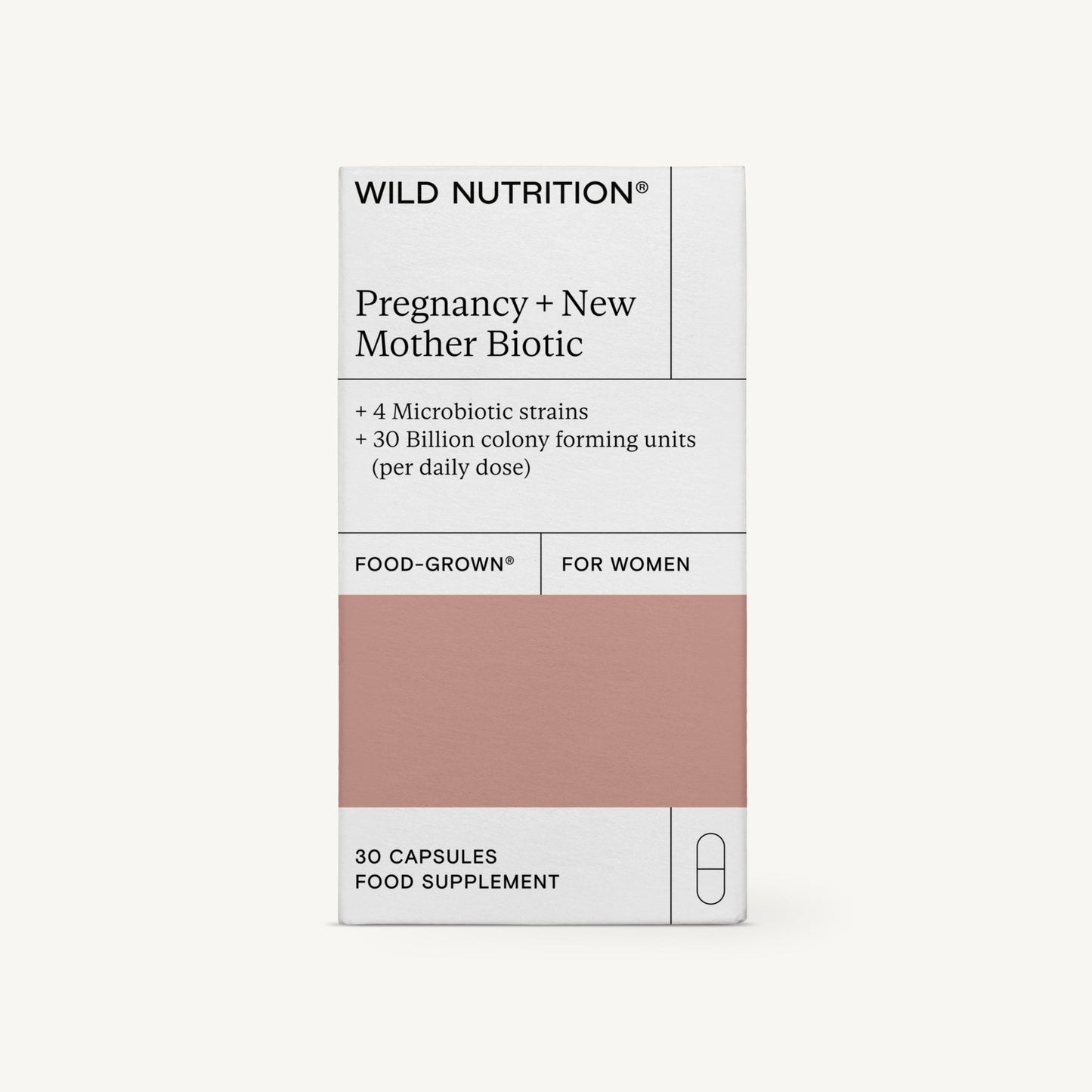 Box of Wild Nutrition Pregnancy + New Mother Biotic food supplement, formulated with 4 microbiotic strains and delivering 30 billion CFU per daily dose. The box contains 30 capsules and is specially designed for women’s wellbeing. Rectangular cardboard box, mostly white with dark text in a clean sans-serif font; surface appears matte. Box positioned upright on a plain light background, no people or additional objects visible.