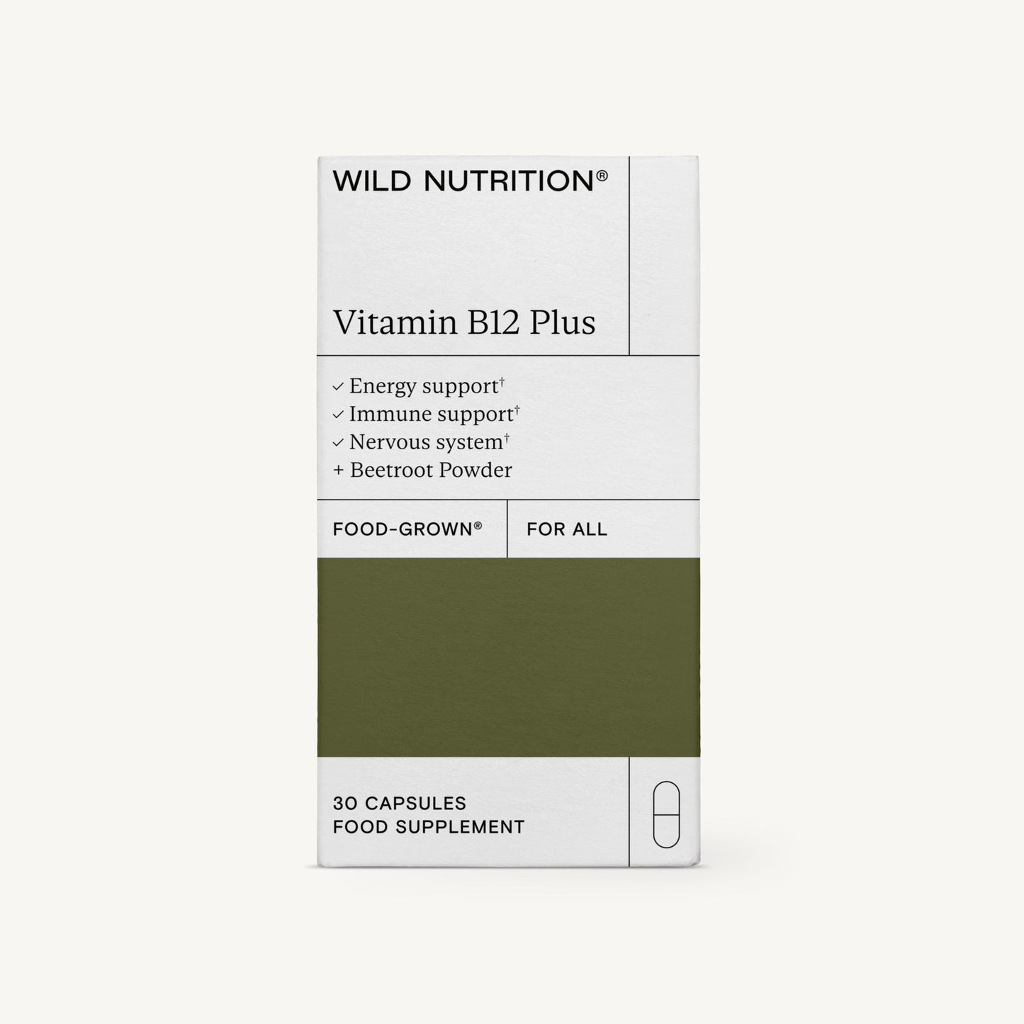 Wild Nutrition Vitamin B12 Plus -pakkaus, tukee energiaa, immuniteettia ja hermostoa punajuurijauheella; pakkaus pääosin valkoinen vihreällä osiolla alaosassa, korostaa olennaisten B-vitamiinien sisältöä; suorakulmainen laatikko mattapinnalla; tuotenimi ja hyötyteksti lihavoitua tekstausvapaata fonttia; ei ihmisiä tai käsiä näkyvissä; tuote yksinkertaisella taustalla.