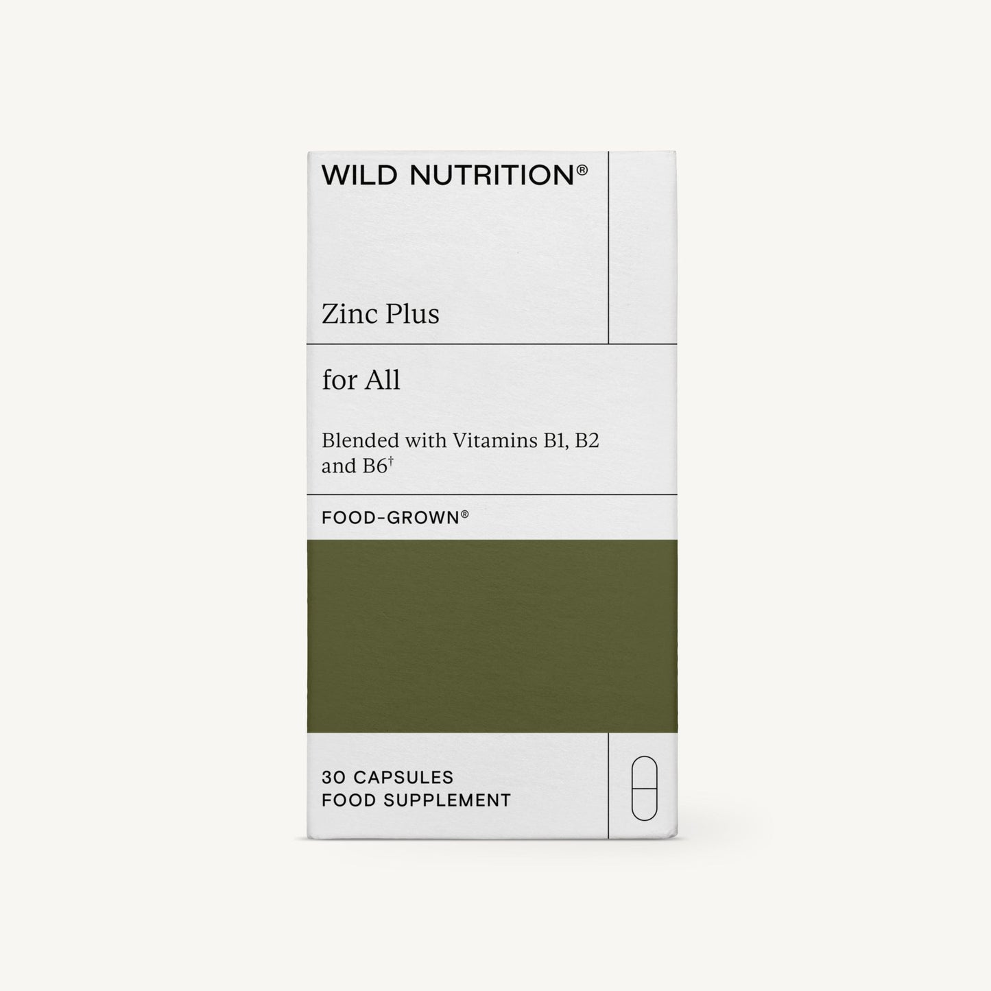 Wild Nutrition Zinc Plus -pakkaus, valkoinen ja vihreä ravintolisälaatikko, sisältää 30 kapselia; suorakulmainen pahvipakkaus mattapinnalla mustaa tekstausvapaata tekstiä ja vihreitä graafisia korostuksia; luettavassa etusivun etiketissä mainitaan B1-, B2- ja B6-vitamiinit, "food-grown" sekä brändilogo; ei ihmisiä tai käsiä näkyvissä; kuva otettu valkoista taustaa vasten.