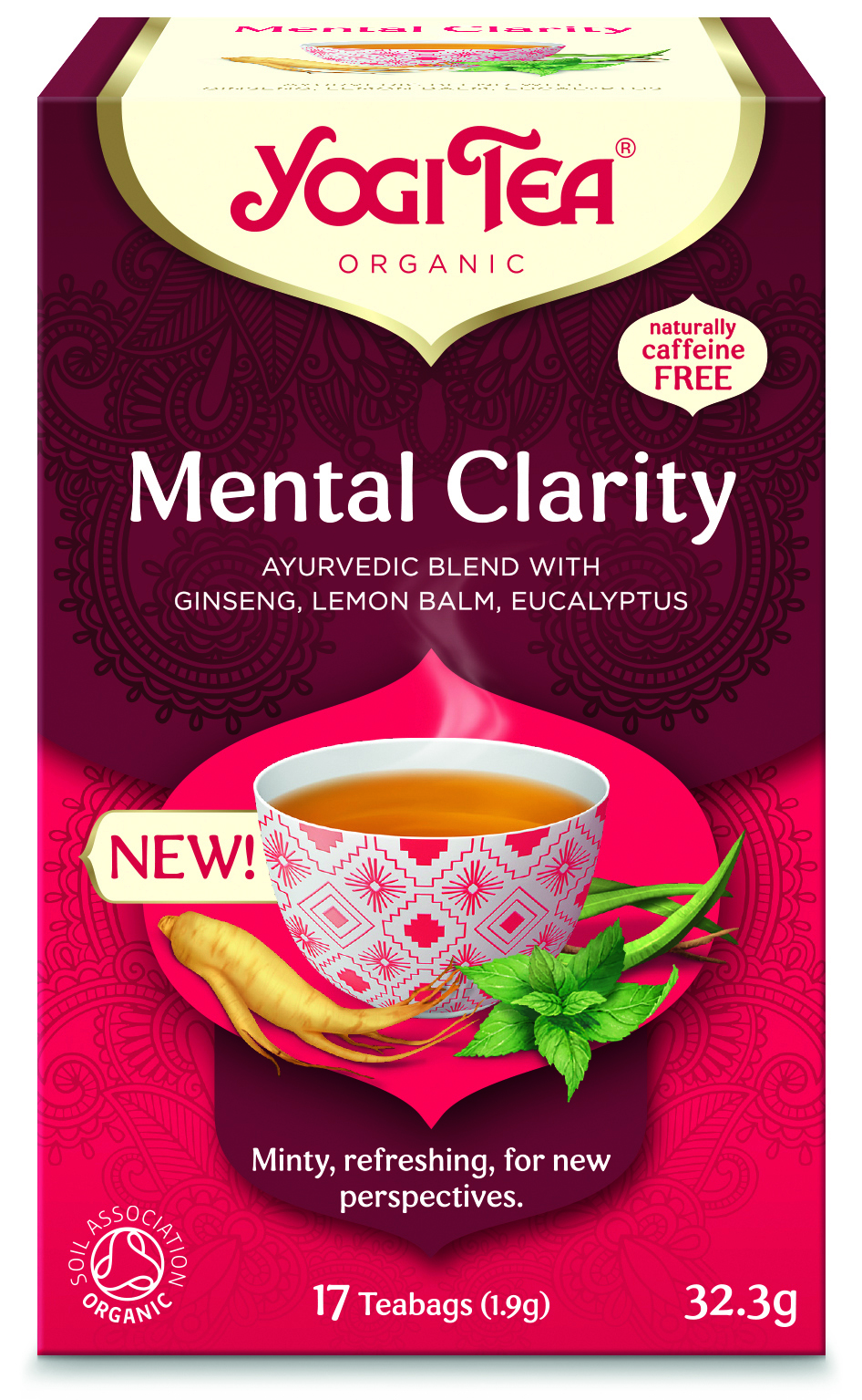 YogiTea Luomu Mental Clarity Tee; pakkaus, kuvassa teekuppi, ginsengiä ja raikasta minttua; kofeiiniton luomutee sisältää 17 teepussia; pakkaus on pääosin punainen ja pinkki, suorakulmainen ja mattapintainen; etiketissä valko-kultaista groteskitekstiä; ei ihmisiä tai käsiä näkyvissä, kuvassa näkyy vain laatikon etuosa yksivärisellä taustalla.