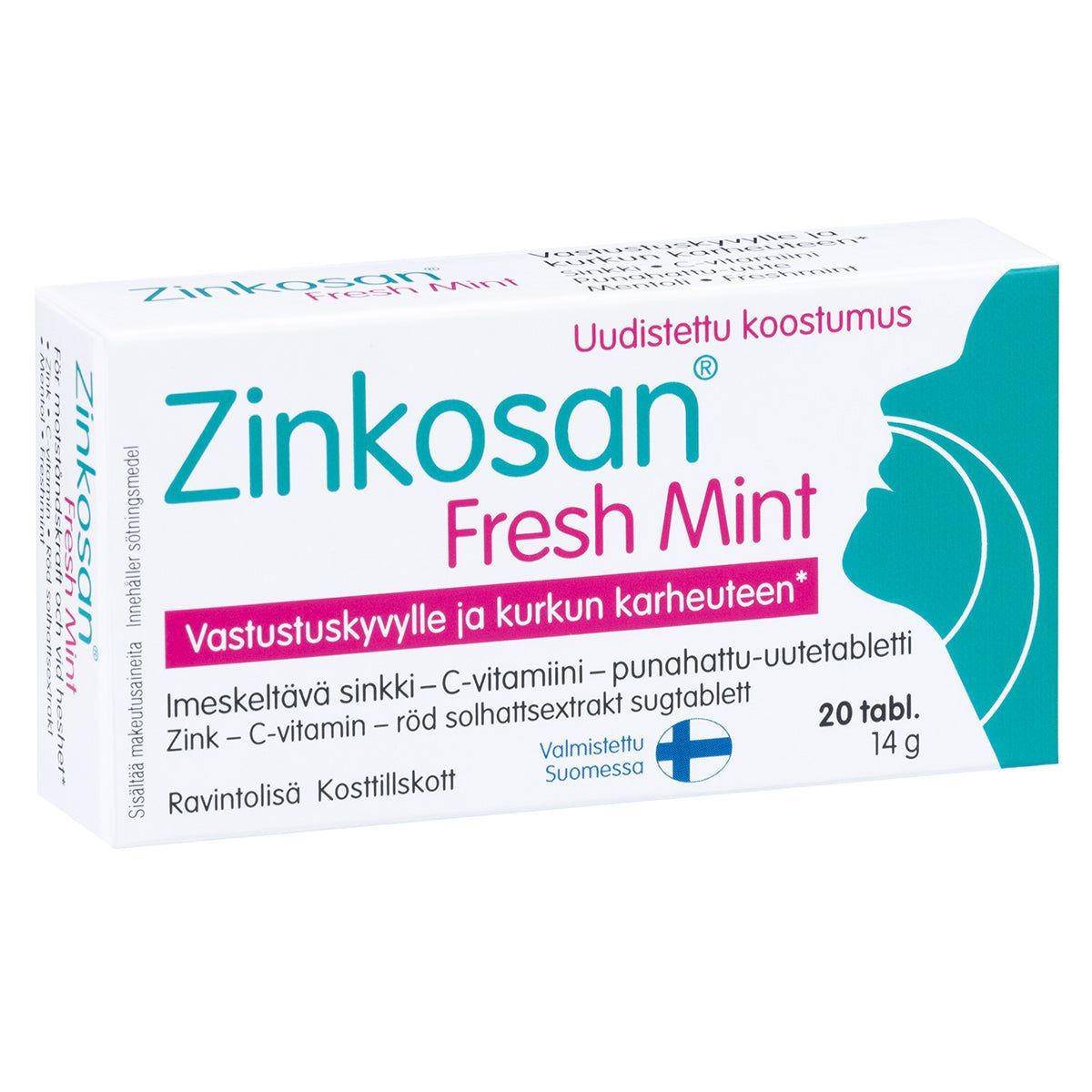 Zinkosan Fresh Mint 20 tablettia, imeskeltävä sinkki-, C-vitamiini- ja punahattu-uutetabletti