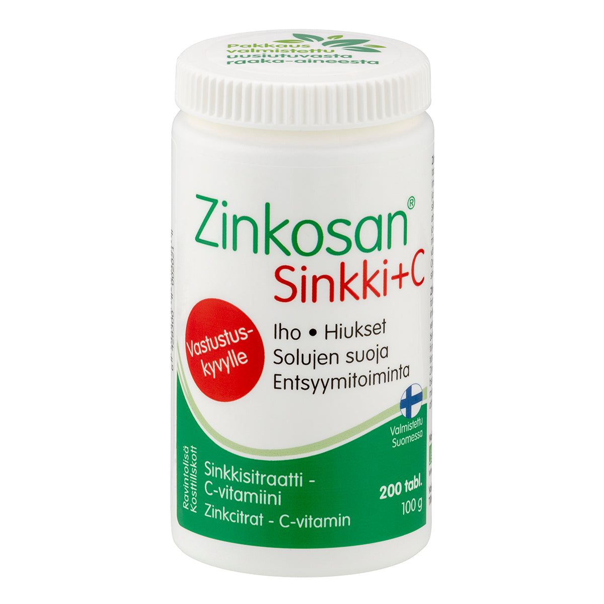 Zinkosan Sinkki+C -pullo, 200 tablettia; valkoinen mattapintainen muovipullo valkoisella kierrekorkilla, punainen ympyrä ja vihreitä yksityiskohtia, lihavoitu groteskiteksti