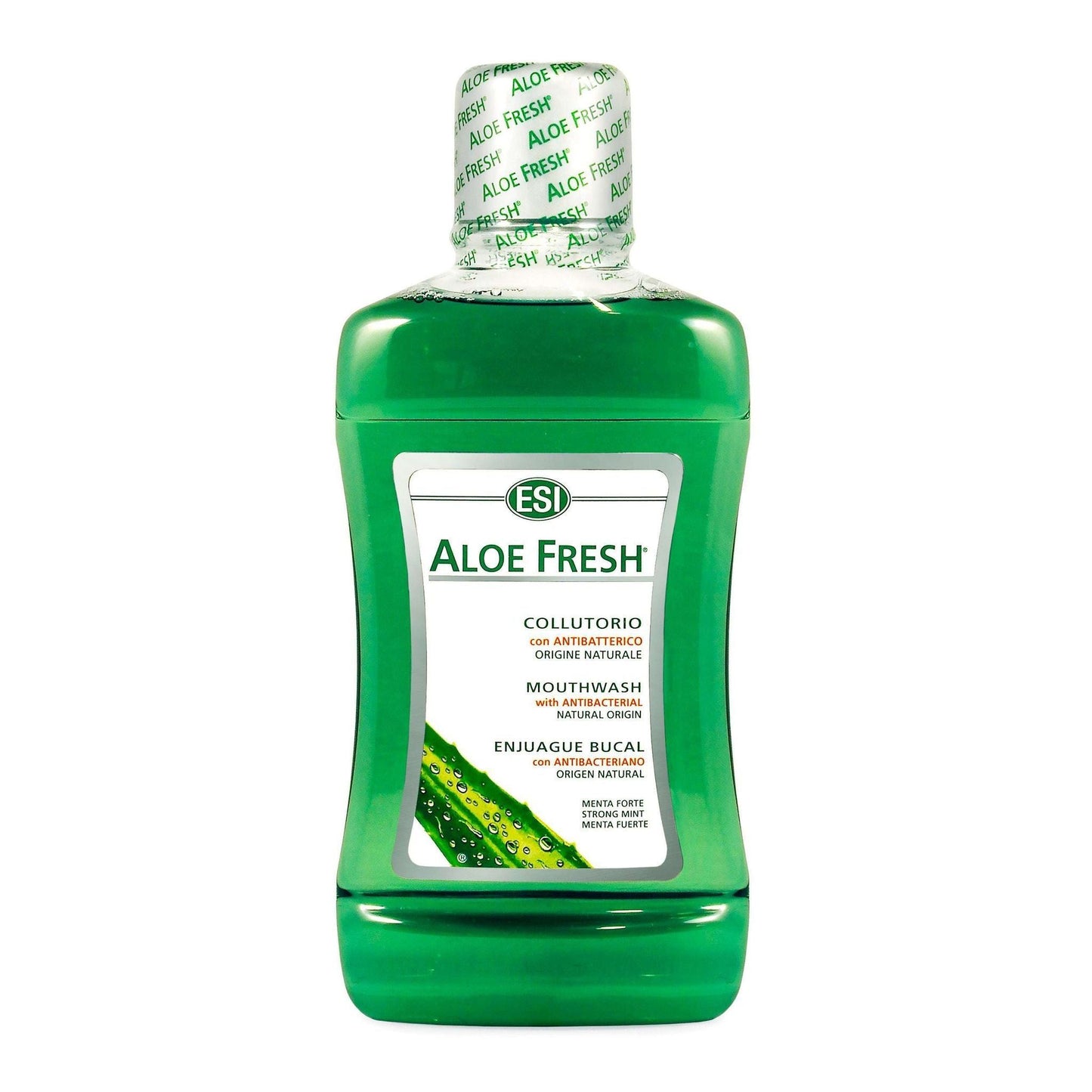 ESI Aloe Fresh suuvesi Strong Mint; vihreä, lieriön muotoinen ja kiiltäväpintainen muovipullo pyöristetyin hartioin, sinetöity korkki; valkoinen-vihreä etiketti useankielisin tekstein ja aaloe vera -kuvalla korostaen sen raikastavia ominaisuuksia.