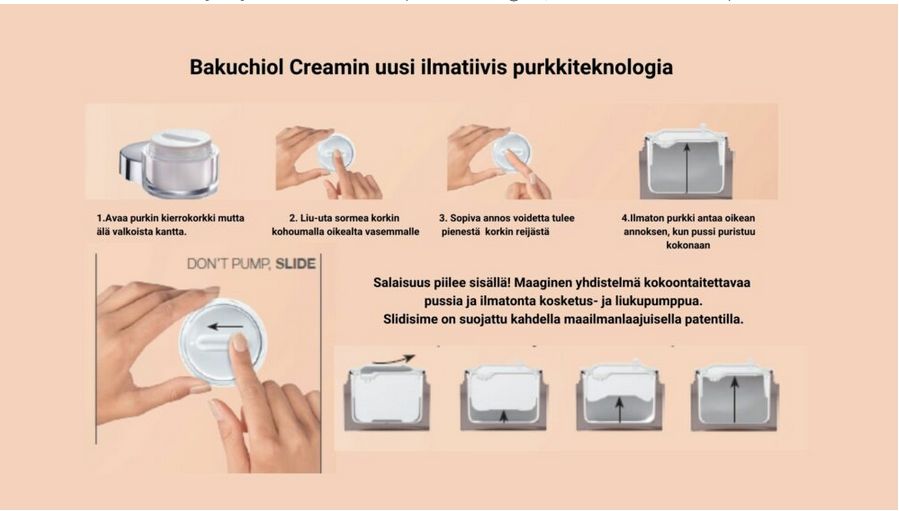 Puhdas+ Bakuchiol Beauty Booster Cream; voidepurkki mattavalkoisella rungolla ja kirkkaalla kannella esitettynä useissa käyttöohjekuvissa; suomenkieliset ohjeet kuvineen näyttävät, kuinka purkki avataan liu'uttamalla ja voidetta annostellaan painamalla kantta alaspäin; vaiheittaiset käsiliikkeet näytetty; yksinkertaista groteskitekstiä sekä pakkauksessa että ohjeissa neutraalia taustaa vasten.