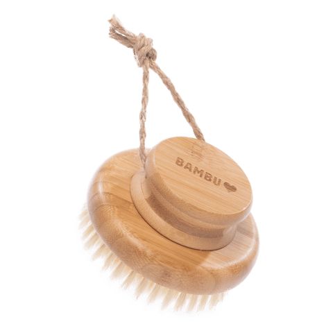 Round bamboo body brush with white bristles, a handle on top, and a looped rope attached. The engraved word BAMBU and a heart symbol are visible on the handle in uppercase block letters. The bamboo surface is matte. There is no packaging visible. The background is plain white. No people or hands are present in the image. This is a close-up product shot.
