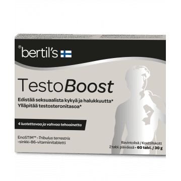 Bertils TestoBoost -ravintolisä; suomenkielistä tekstiä sekä lihaksiaan jännittävän miehen siluetti pakkauksen etusivulla, mukana ainesosa- ja annostustietoja; rasia suorakulmainen, pystyssä, mattapintainen; pääosin tumma väritys vaaleansävyisellä modernilla groteskitekstillä; ei ihmisiä, käsiä tai toimintaa näkyvissä; kuvattu suoraan edestä vaalealla taustalla.