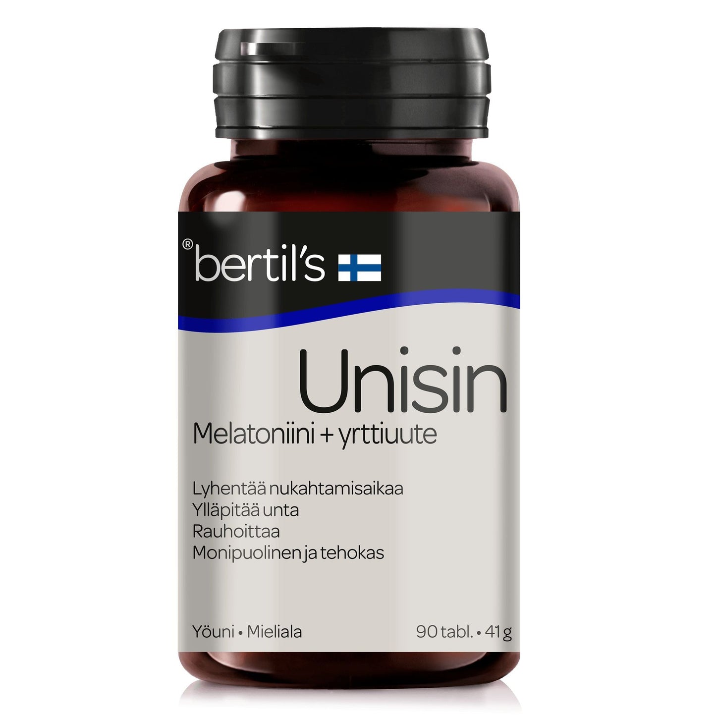 bertils Unisin Melatoniini + yrttiuute -pullo; ruskea muovipullo mattapinnalla ja mustalla kierrekorkilla; valkoisessa etiketissä sinisiä korostuksia ja suomenkielistä tekstausvapaata tekstiä; etiketissä ilmoitettu 90 tablettia unen ja mielialan tueksi melatoniinilla; ei ihmisiä tai käsiä näkyvissä; tuote yksinkertaista taustaa vasten.