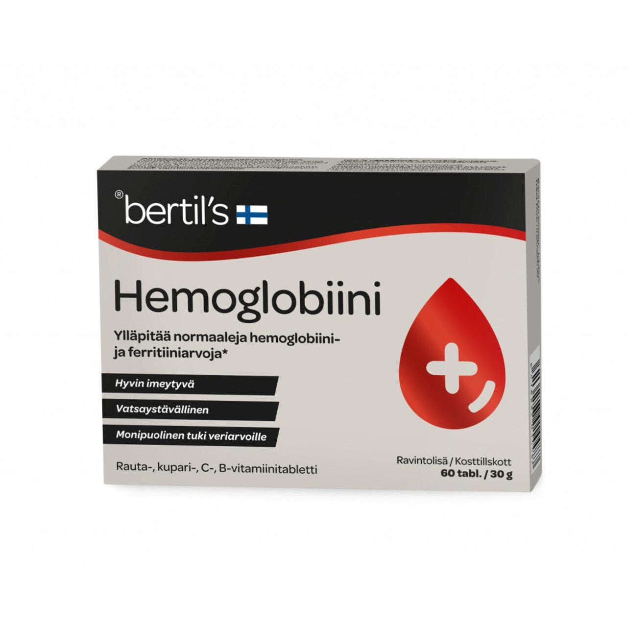A box of Bertils Hemoglobiini dietary supplement with a red blood drop graphic, Finnish text, an iron symbol, and a Finnish flag, containing 60 tablets. The box is rectangular with matte finish and predominantly white with red accents. Clear bold sans-serif font is used. The packaging has high-contrast print. No people or hands are visible; shot taken against a plain background in sharp focus.