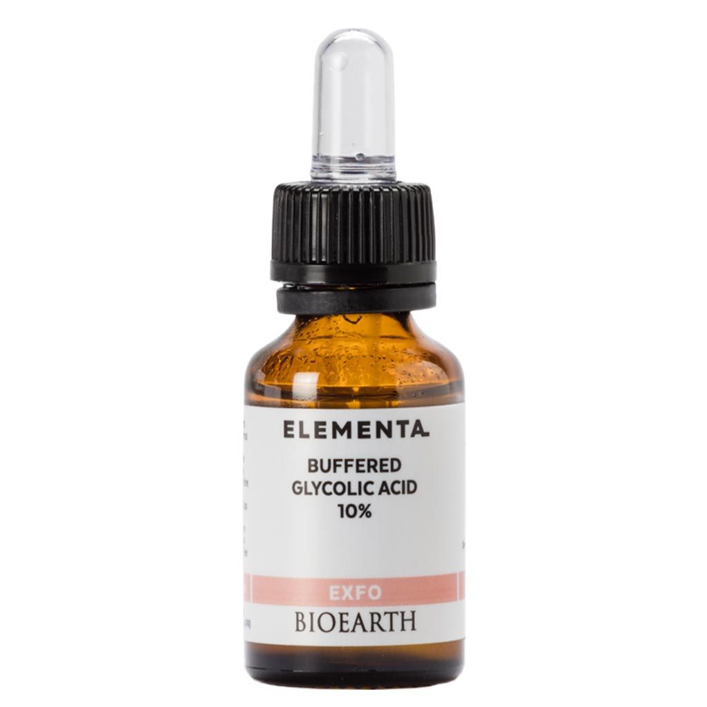 Small amber dropper bottle labeled Elementa Buffered Glycolic Acid 10% EXFO Bioearth with a black cap and clear glass pipette, standing upright on a white background. The label text uses simple sans-serif typography in black. The bottle is cylindrical with glossy finish. There are no people or props visible in the image. This skincare formula features glycolic acid for gentle exfoliation.