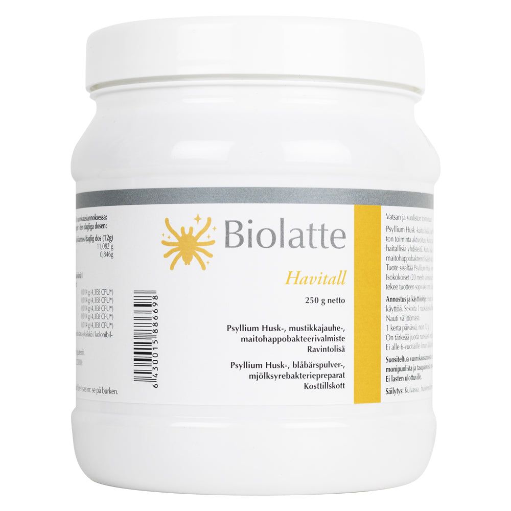 Biolatte Havitall -purkki, valkoinen mattamuovi, keltainen aurinkokuvitus; musta-keltainen teksti useilla kielillä, psyllium-kuitua ja probiootteja, lihavoitu groteskiteksti
