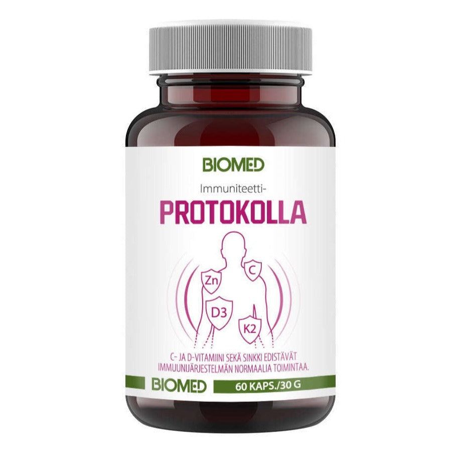 Biomed Immuniteetti Protokolla; pullo tekstillä "Biomed Immuniteetti-Protokolla" kuvakkein C-, D3- ja K2-vitamiineista sekä sinkistä; etiketissä kaavio ihmissiluetista havainnollistamassa vastustuskykyä tukevaa kaavaa, sisältää 60 kapselia; pullo sylinterinmuotoinen valkoista muovia mattapinnalla; etiketti lihavoitua groteskitekstiä mustana ja sinisenä; kuva näyttää tuotteen pelkistetyllä valkoisella taustalla, ei ihmisiä kuvassa.