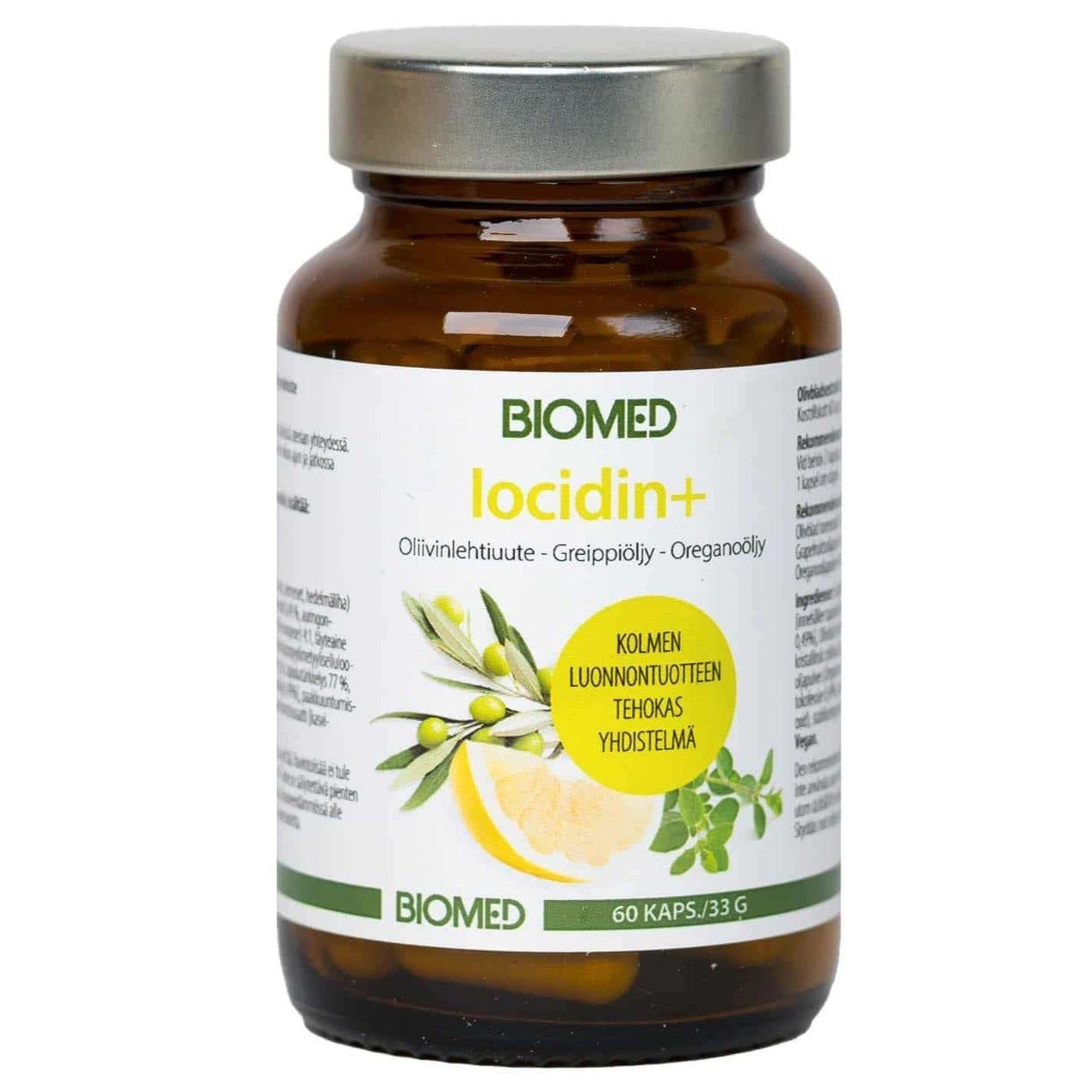 Biomed Iocidin+; ruskea lasipurkki tekstillä "Biomed Iocidin+", kuvituksena oliivinlehtiä, sitruunaa ja oreganoa; etiketissä korostetaan sisältöä: oliivinlehtiuutetta, greipinsiemenöljyä ja oreganoöljyä; purkki sisältää 60 kapselia; etiketin typografia groteskia valkoisena ja tummanvihreänä mattapinnalla; valkoinen tausta, ei ihmisiä tai käsiä kuvassa.