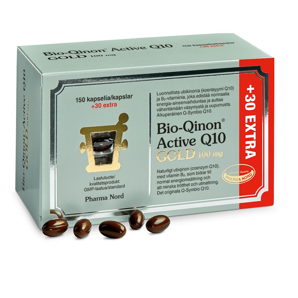 Bio-Qinon Active Q10 Gold 100 mg -pakkaus, 150 + 30 kapselia, ruskeita soikeita kapseleita edessä; kulta-vihreä mattapintainen rasia puna-valkoisin korostusraidoin
