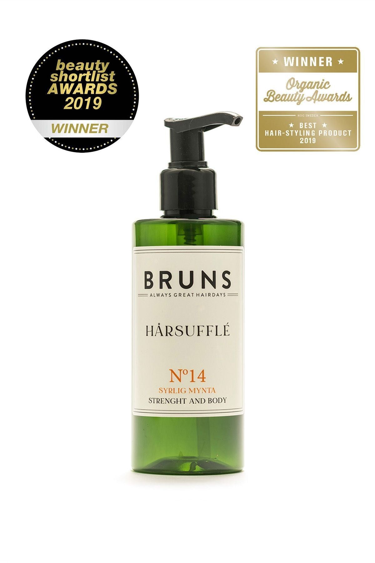 BRUNS Products Nº14 Tangy Mint Hair Souffle Muotoilugeeli; vihreä pumppupullo Bruns Hårsuffle No. 14 -tuotetta kahden palkintomerkin kera: Beauty Shortlist Awards 2019 Winner ja Winner Organic Beauty Awards Best Hair-Styling Product 2019, korostaen luonnonmukaista muotoiluosaamista; pullo lieriömäinen mattapinnalla, etiketissä valkoista tekstiä modernilla groteskifontilla; tuote kuvattu pystyssä neutraalia taustaa vasten, ei ihmisiä näkyvissä.