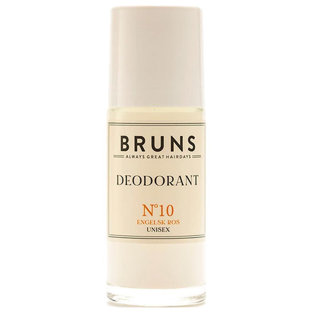 BRUNS Products Nº10 English Rose Deodorantti; lieriömäinen pullo tekstillä "BRUNS" unisex roll-on-deodoranttia, merkitty N°10 Engelskt Ros hienovaraisella ruusuntuoksulla; pullo pääosin valkoinen mattapinnalla, mustaa ja oranssia groteskitekstiä etiketissä sekä valkoinen muovikorkki; ei ihmisiä tai käsiä; tuote pystyssä vaaleaa taustaa vasten keskitetyssä kuvassa.
