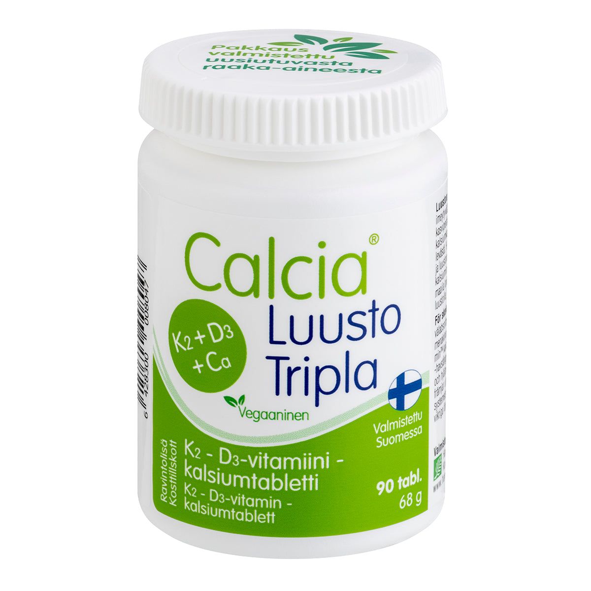A white plastic bottle of Calcia Luusto Tripla K2 + D3 + Ca vegan calcium supplements is shown with a glossy finish, rounded cylindrical shape, and a solid blue screw-on cap. The Finnish label features clear sans-serif typography and a Finnish flag symbol. The background is plain white, shot from the front with no people present.