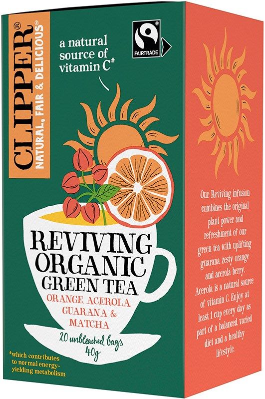 Box of Clipper Reviving Organic Green Tea with orange, acerola, guarana, and matcha. Rectangular cardboard box with matte finish. The front shows flat graphic illustrations of a teacup and fruit slices in teal and orange. Bold white serif typography for product name. No visible people or hands. Plain background; shot is straight-on product photo.
