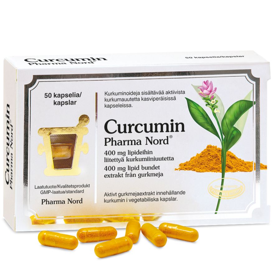 A box of Curcumin Pharma Nord supplement with 50 capsules. Rectangular cardboard packaging, predominantly white with gold and orange accents. The front displays images of a turmeric plant, a pile of turmeric powder, a glass containing orange liquid, and several yellow capsules on the surface. Sans-serif typography is used for the product name and details. No people or hands present; plain background; direct product shot.