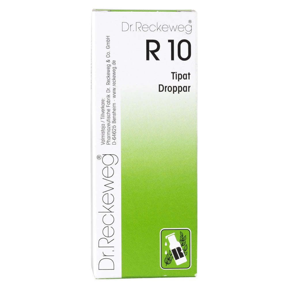 A rectangular cardboard box with a matte surface, predominantly white with a green section. The box has sans-serif typography for product labeling and additional printed information. A small dropper bottle icon is located in the lower right corner of the front face. No people or hands are in the image. The background is plain white. A white and green box labeled Dr. Reckeweg R10 Tipat Droppar featuring a small icon of a dropper bottle in the lower right corner.