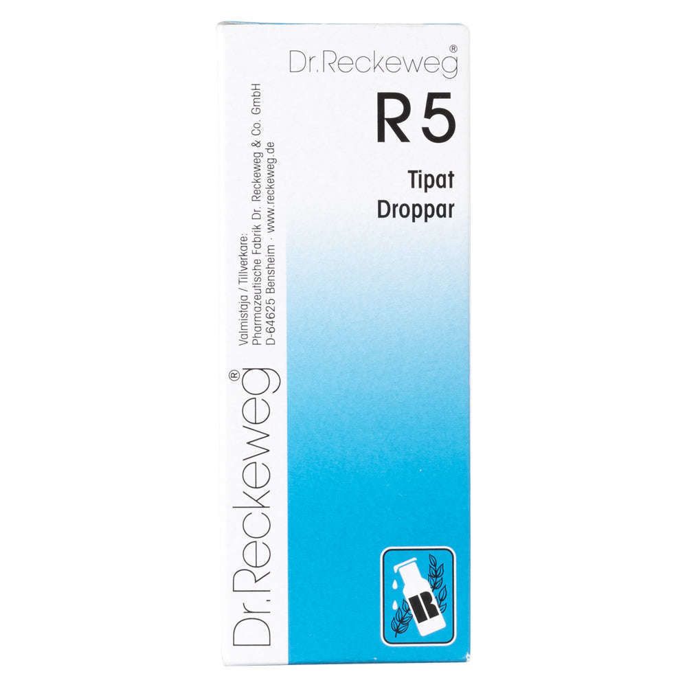 Box of Dr. Reckeweg R5 Tipat Dropper, mostly white and light blue, featuring the product name, company info, and a small icon of a dropper bottle in the lower right corner. Rectangular cardboard packaging with a matte finish; sans-serif text is printed clearly in black and blue. The background is plain white; no people or objects are present in the image.