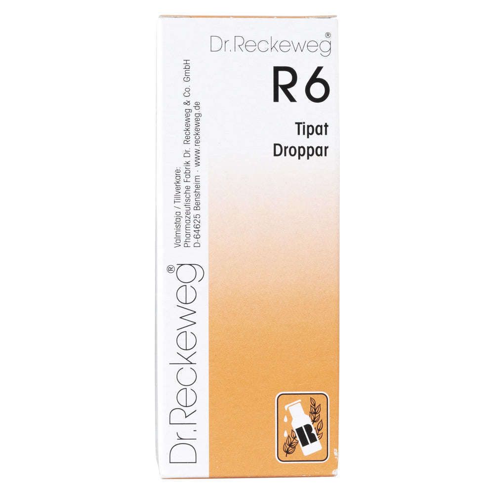 A white and orange rectangular box labeled Dr. Reckeweg R6 Tipat Dropper, featuring a small dropper bottle icon at the lower front. The surface finish is matte with black sans-serif text printed on the front and sides of the packaging. No other objects, people, or hands are visible; photographed against a plain background in even lighting.