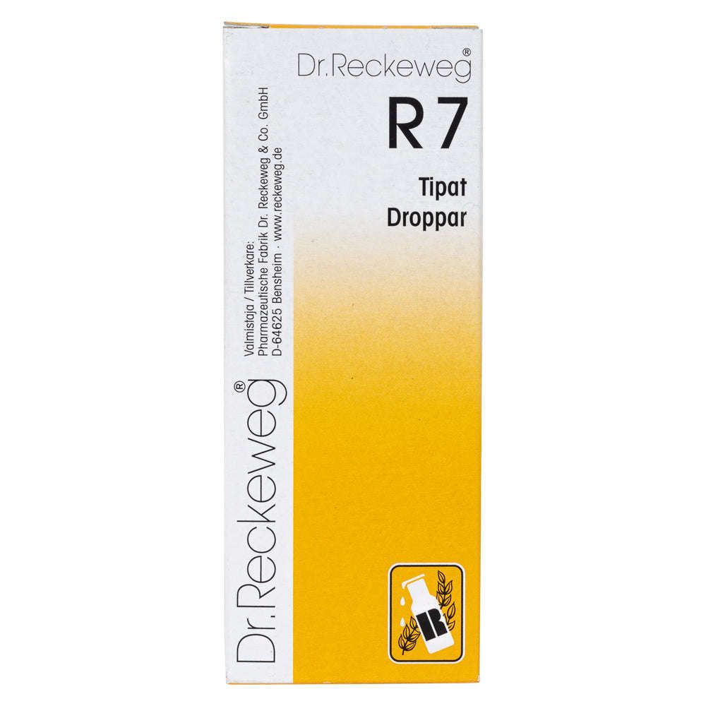 A box of Dr. Reckeweg R7 Tipat Droppar, featuring white and yellow gradient packaging with black text. The surface is matte, and the box has a rectangular shape. A small icon of a dropper bottle appears in the bottom right corner. Legible label text includes the product name; other text is not detailed. Plain background, no people or hands present. Standard product photo shot, front-facing view.