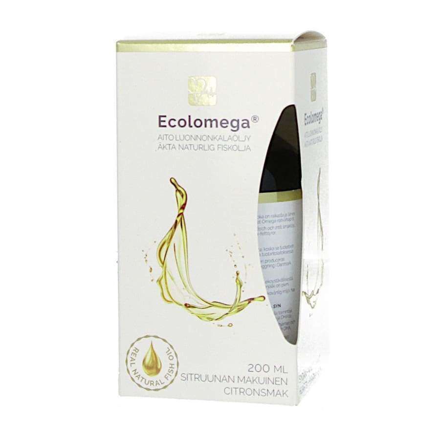 Ecolomega Nestemäinen Kalaöljy Sitruuna 200 ml, valkoinen rasia kultaisella roiskekuviolla ja ikkunalla, josta pullo näkyy; teksti suomeksi, ruotsiksi ja englanniksi