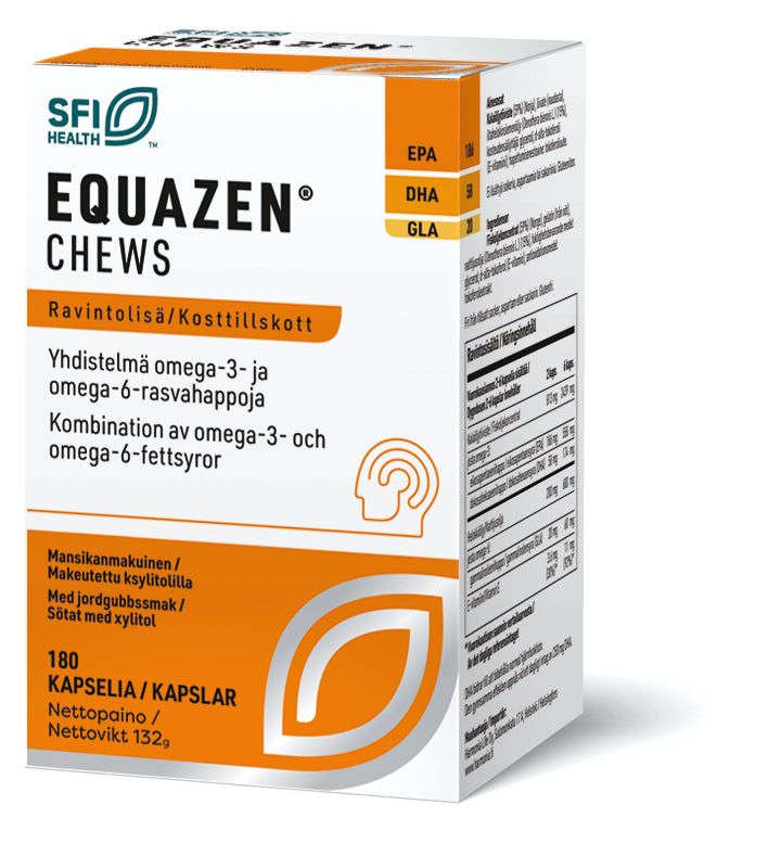 Equazen Chews, 180 kapselia; suorakulmainen pakkaus pääosin valkoisena sinisin ja punaisin tehostein, kiiltäväpintainen; teksti suomeksi ja ruotsiksi; lihavoitu groteskikirjasin pääteksteille; etupuolella mainitaan EPA, DHA ja GLA; ei ihmisiä tai käsiä kuvassa; neutraali tausta; pakkaus korostaa omega-3- ja omega-6-rasvahappoja.