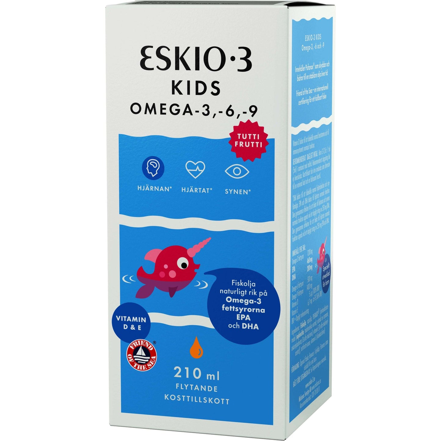 Eskio-3 Kids Kalaöljy Tuttifrutti, 210 ml; pakkaus kuvituksena uiva sarjakuvamainen narvalihahmo veden alla, kuvakkeina korostettu aivojen ja näön hyödyt; laatikko suorakulmainen kiiltäväpintainen värikkäin grafiikoin; tuotetiedot groteskikirjasimella; ei ihmisiä tai käsiä kuvassa; valkoinen tausta, studiokuva.