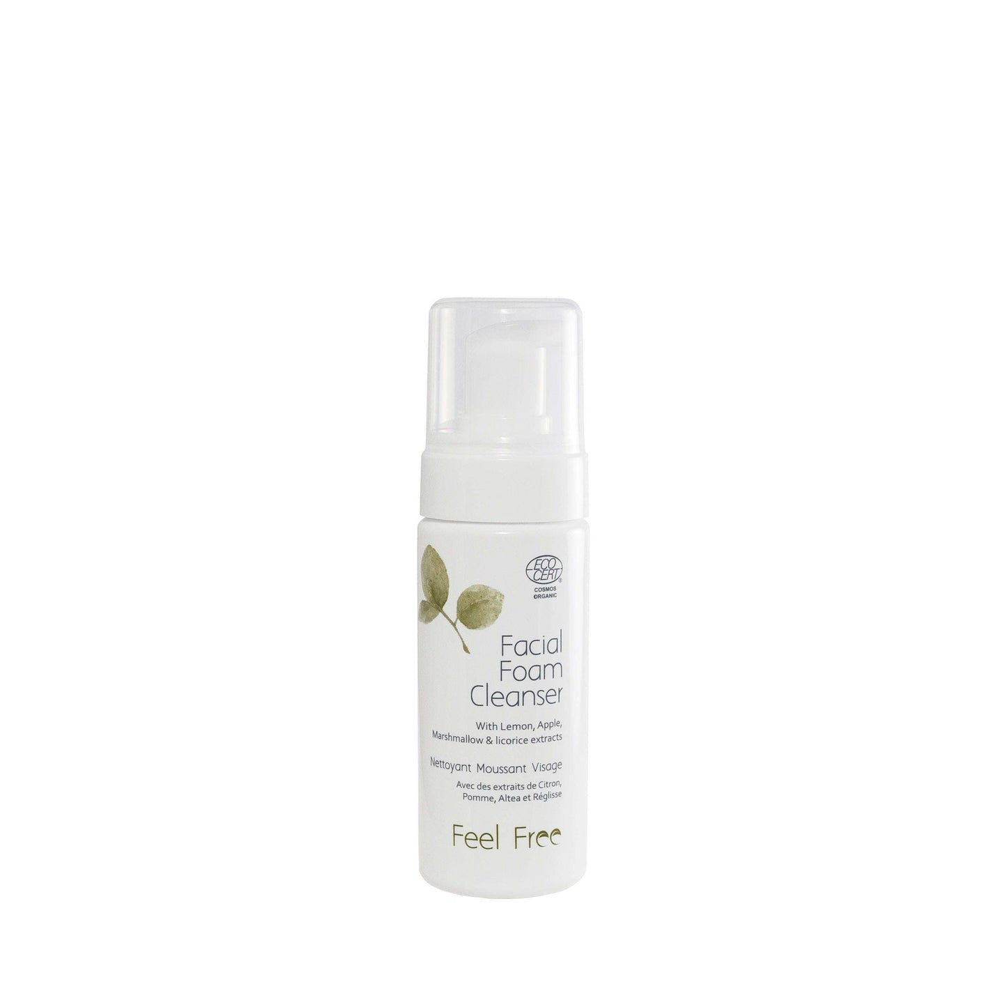 A white bottle of Feel Free Facial Foam Cleanser with a pump dispenser, featuring soothing green leaves and hydrating product details on the label. The plastic bottle has a matte finish and cylindrical shape. Typography on the label is sans-serif, predominantly in green and black. Product stands upright against a plain, light background with no people or additional props visible.