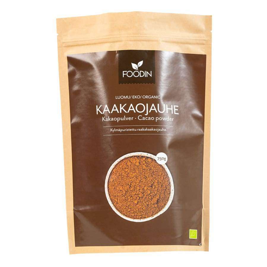 Foodin Luomu Kaakaojauhe -pussi, 750 g, ikkunalla josta jauhe näkyy; ruskea mattapintainen suljettava muovipussi, groteskiteksti suomeksi ja englanniksi