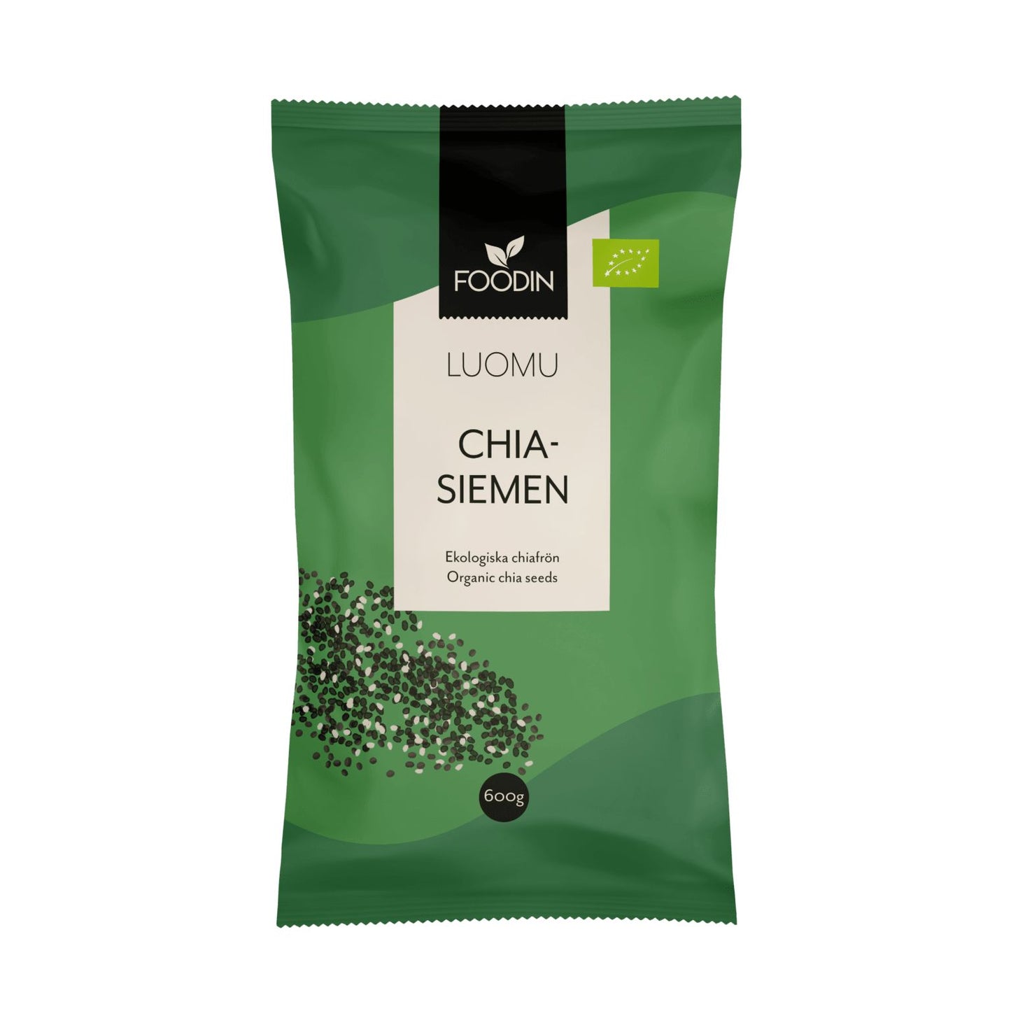 Foodin Luomu Chia-siemen -pakkaus, vihreä ja musta, kuvitettuja siemeniä etupuolella; suorakulmainen pussi mattamuovia; etiketissä selkeää modernia tekstausvapaata typografiaa, ilmoittaa 600 g painon; teksti suomeksi, ruotsiksi ja englanniksi; tausta yksinkertainen ja neutraali, ei ihmisiä tai käsiä näkyvissä.