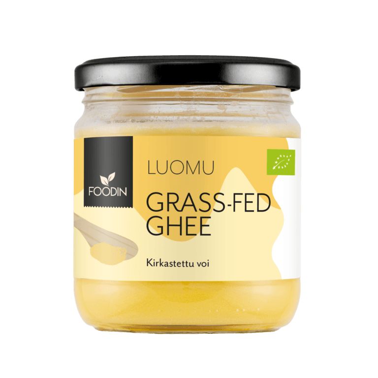 Foodin Luomu Ghee-voi -purkki, kirkas lasi, musta muovikansi; valkoinen etiketti keltaisin raidoin ja lohkoin, pieni vihreä pyöreä sertifiointimerkki alaosassa