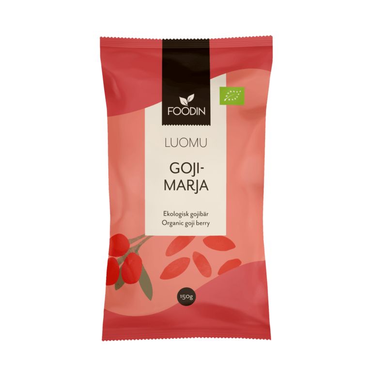 Foodin Luomu Goji-marja -pussi, 150 g; punainen mattapintainen seisova pussi, goji-marjakuvitus ja luomumerkki oikeassa yläkulmassa, valkoinen-punainen lihavoitu teksti