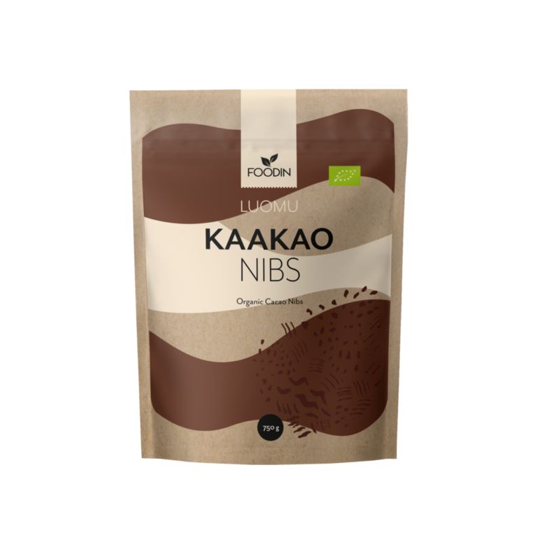 Foodin Luomu Kaakaonibs -pussi, 750 g; ruskea-beige mattapintainen pussi, vihreä luomumerkki ja kaakaopalon kuvitus, lihavoitu groteskiteksti