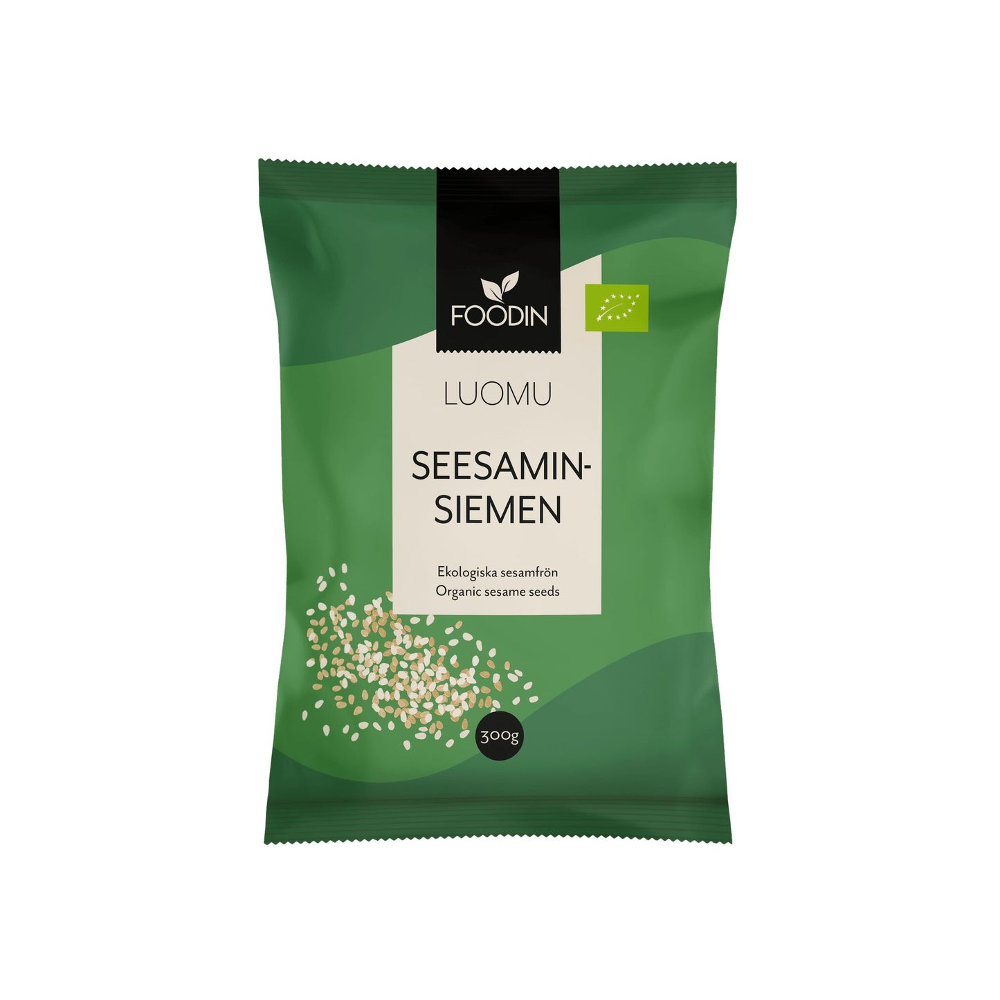Foodin Luomu Kokonainen Seesaminsiemen, 300 g; mattapintainen vihreä pussi valkoisella suorakulmaisella keskiöetiketillä, teksti "LUOMU SEESAMIN-SIEMEN" ja EU:n luomulehtimerkki; pussin alaosassa pieni seesaminsiemenkuvitus; ei ihmisiä tai käsiä kuvassa; neutraali tausta, tuote kuvattu suoraan edestä.